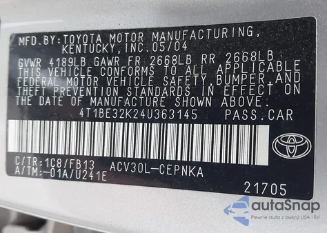 2004 Toyota Camry Le from USA, damaged, VIN 4T1BE32K24U363145